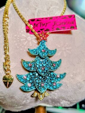 Betsey Johnson Turquoise & Pink Rhinestone Christmas Tree Necklace